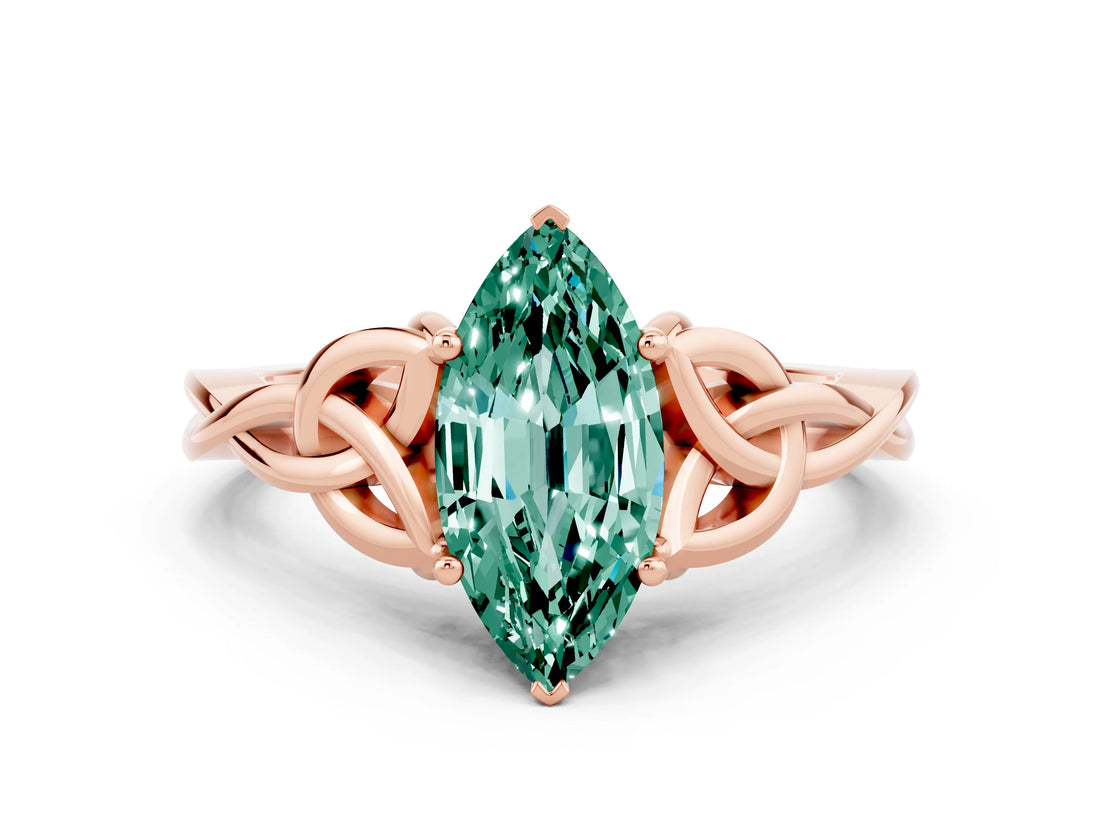 Rose gold Marquise Cut Green Sapphire Solitaire Celtic Knot Ring with Four-Prong Setting_12