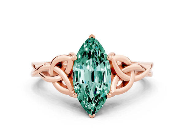 Rose gold Marquise Cut Green Sapphire Solitaire Celtic Knot Ring with Four-Prong Setting