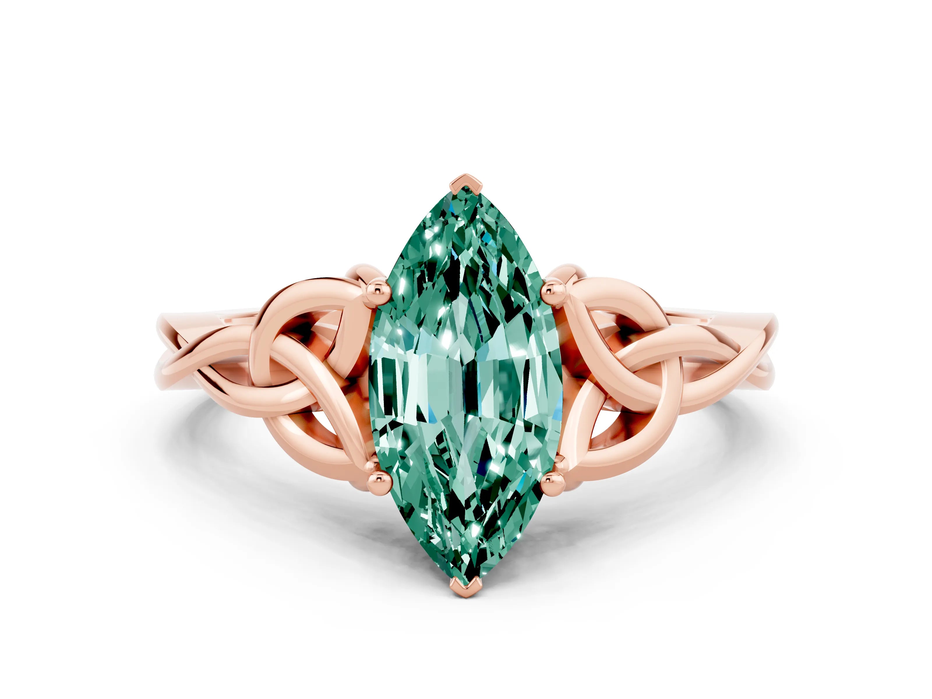Rose gold Marquise Cut Green Sapphire Solitaire Engagement Ring with Celtic Knot Band and Four-Prong Setting