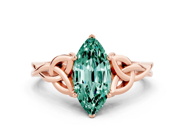 Rose gold Marquise Cut Green Sapphire Solitaire Engagement Ring with Celtic Knot Band and Four-Prong Setting