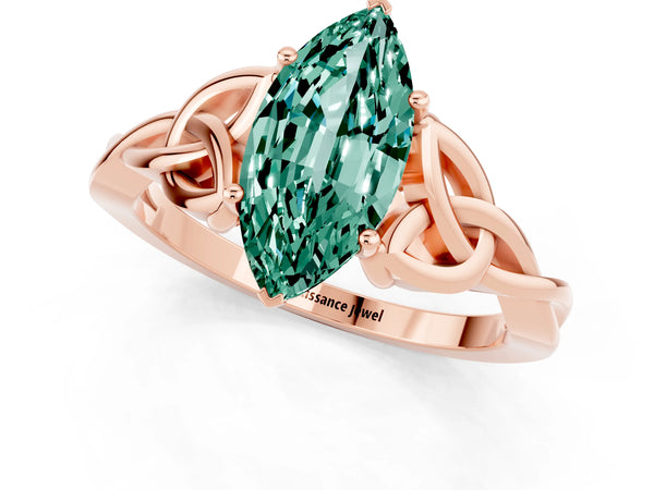 Rose gold Marquise Cut Green Sapphire Solitaire Engagement Ring with Celtic Knot Band and Four-Prong Setting