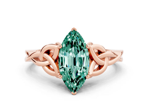 Rose gold Marquise Cut Green Sapphire Solitaire Engagement Ring with Celtic Knot Band and Four-Prong Setting