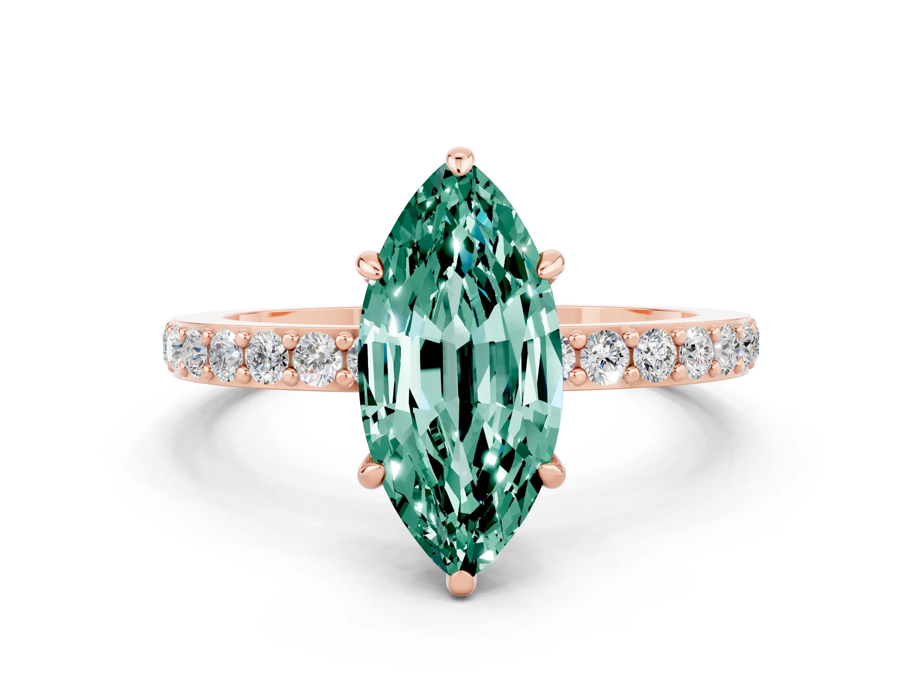 Rose gold Marquise Cut Green Sapphire Solitaire Engagement Ring with Pavé Band and Four-Prong Setting