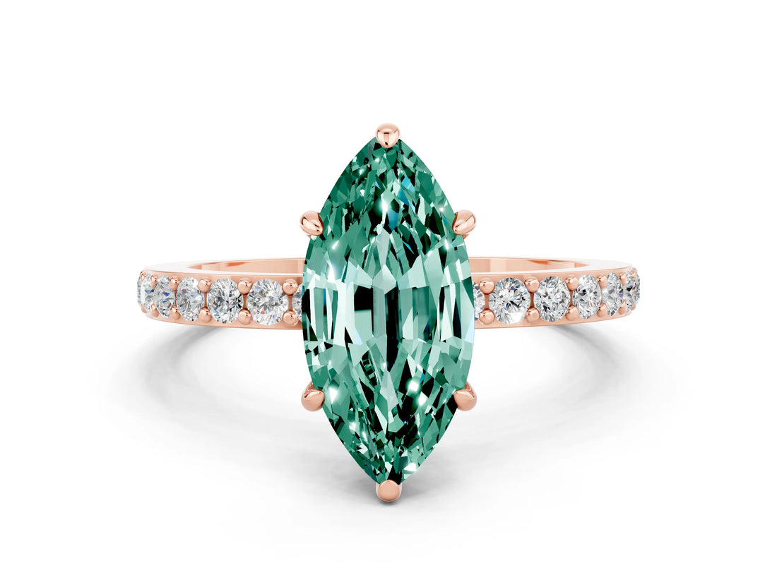 Rose gold Marquise Cut Green Sapphire Solitaire Engagement Ring with Pavé Band and Four-Prong Setting