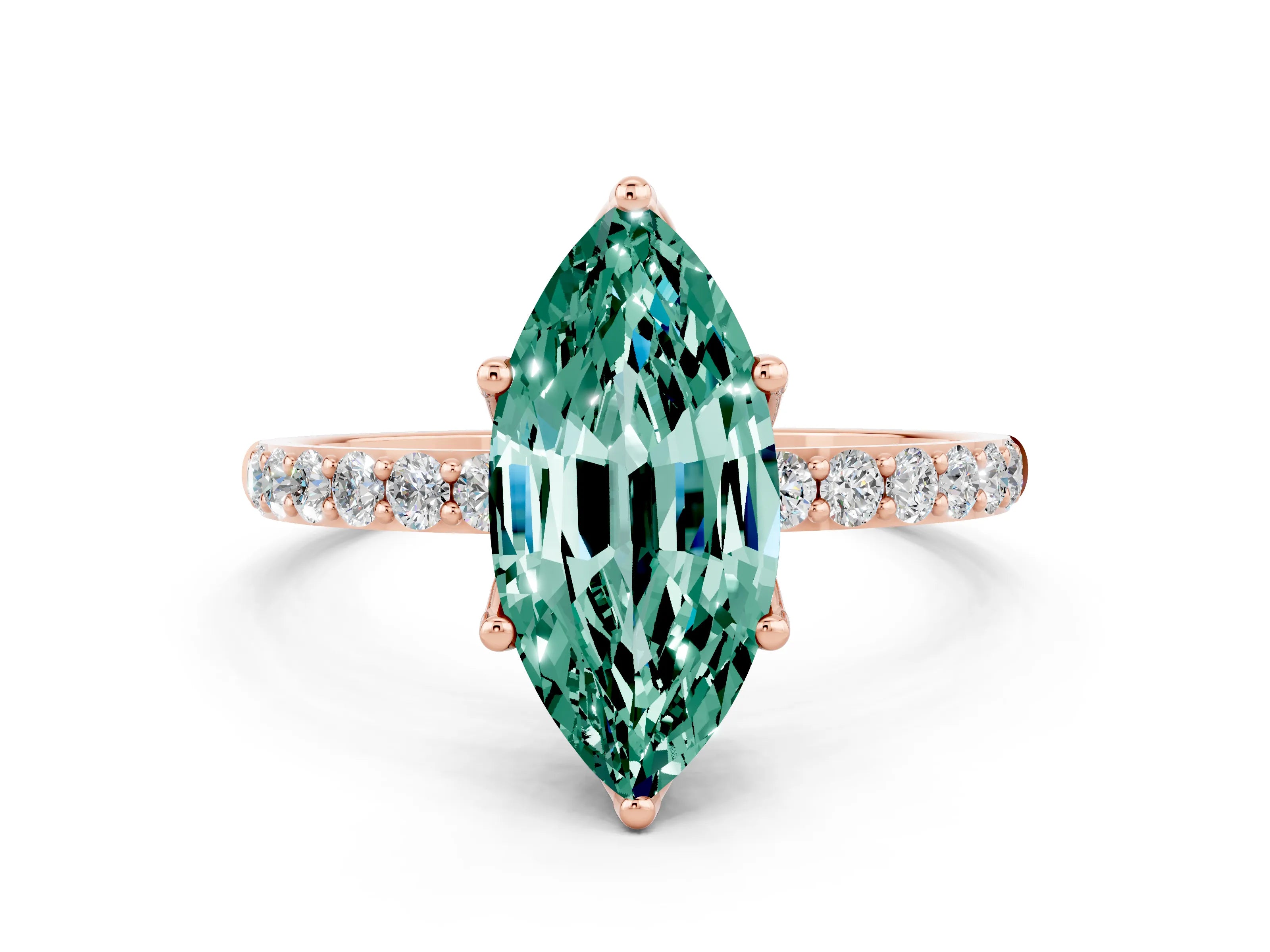 Rose gold Marquise Cut Green Sapphire Solitaire Engagement Ring with Pavé Band and Prong Setting