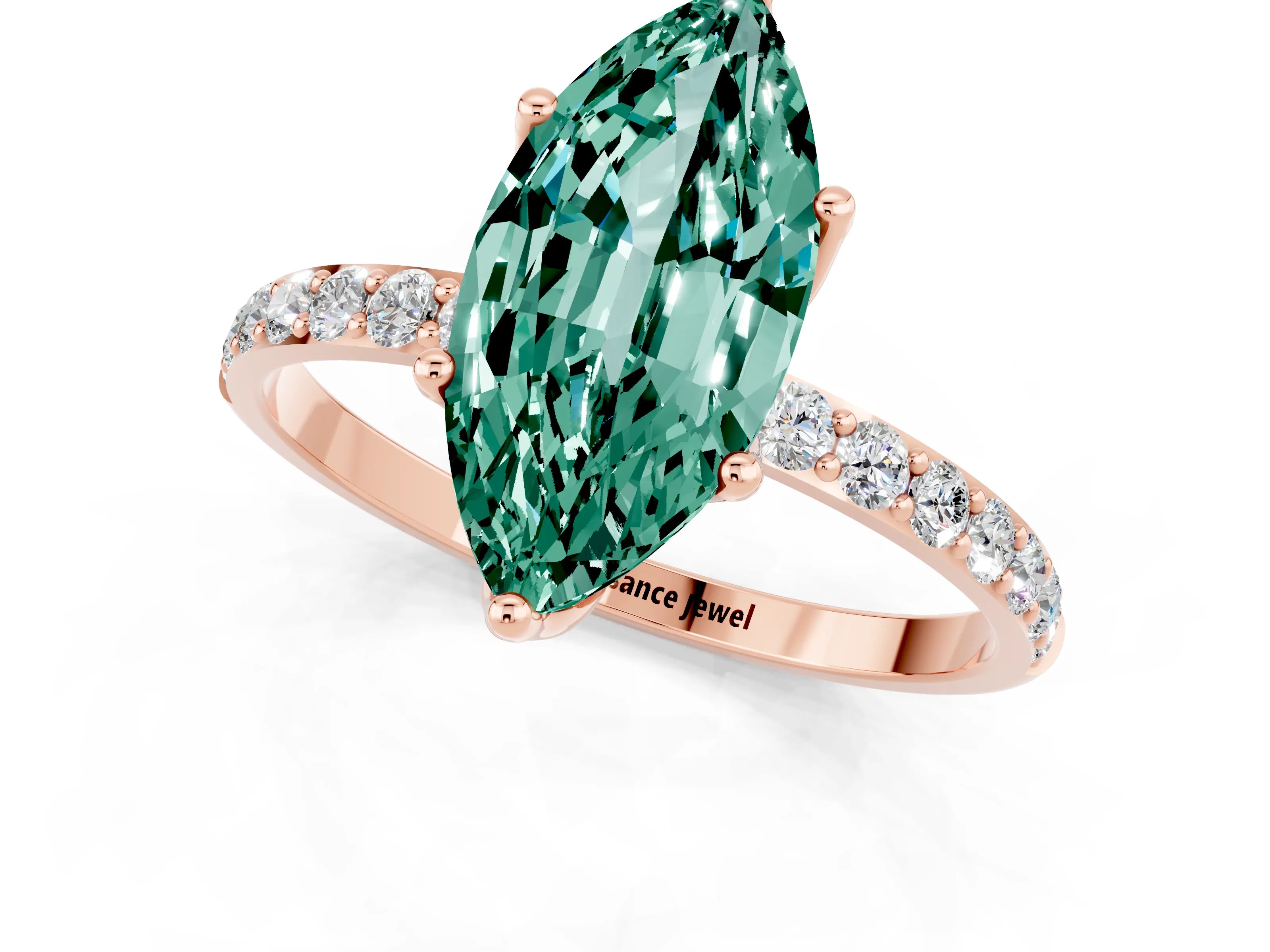 Rose gold Marquise Cut Green Sapphire Solitaire Engagement Ring with Pavé Band and Prong Setting_1