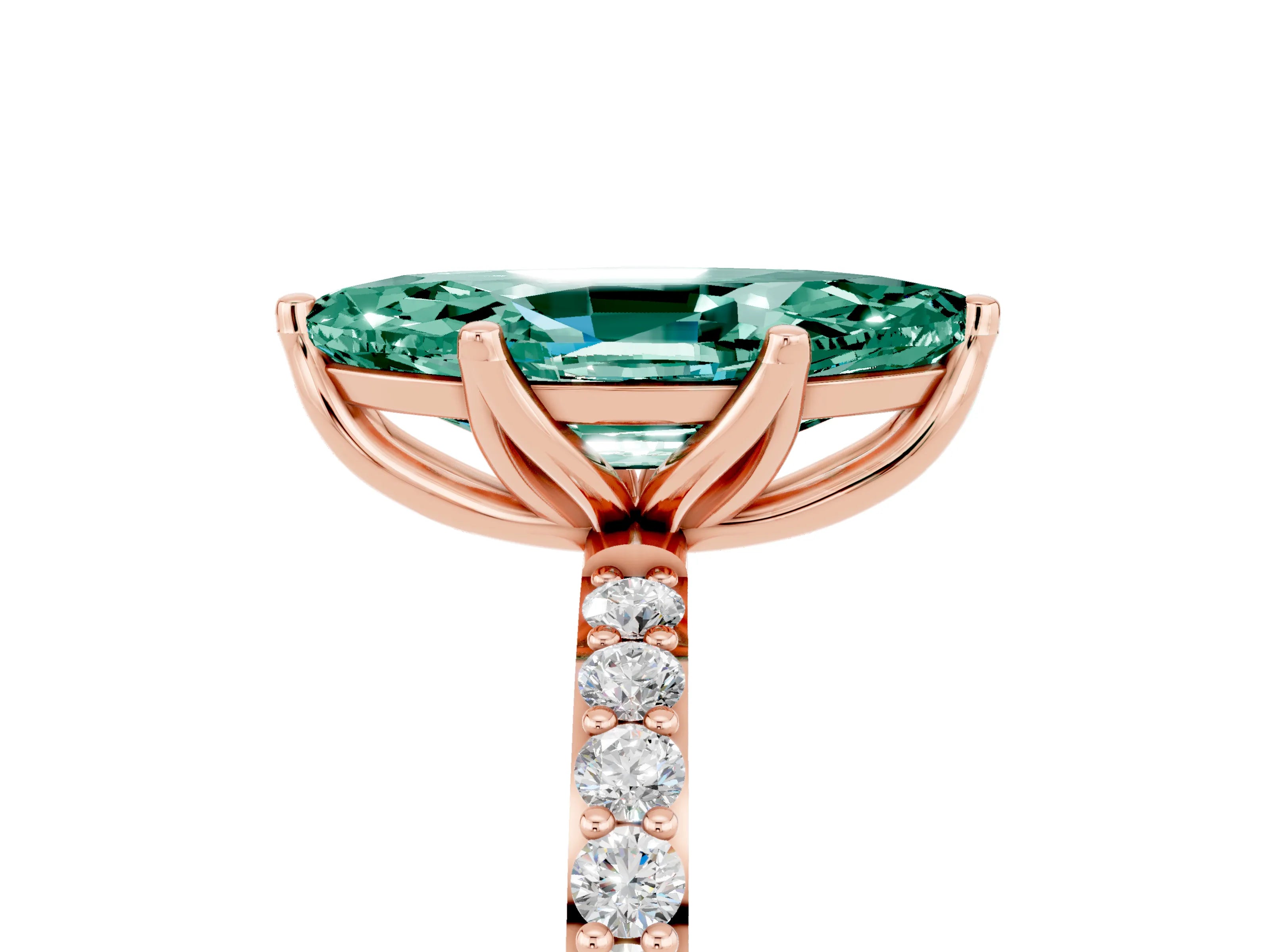 Rose gold Marquise Cut Green Sapphire Solitaire Engagement Ring with Pavé Band and Prong Setting_5