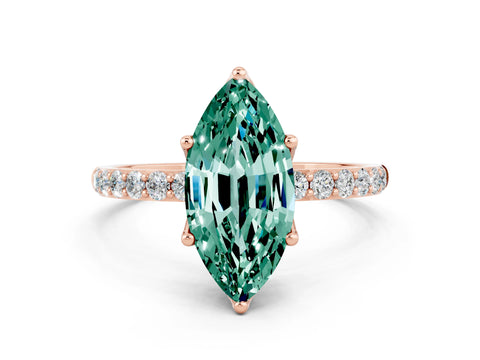 Rose gold Marquise Cut Green Sapphire Solitaire Engagement Ring with Pavé Band and Prong Setting