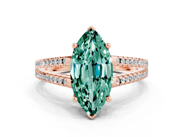 Rose gold Marquise Cut Green Sapphire Solitaire Engagement Ring with Split Shank Pavé Band