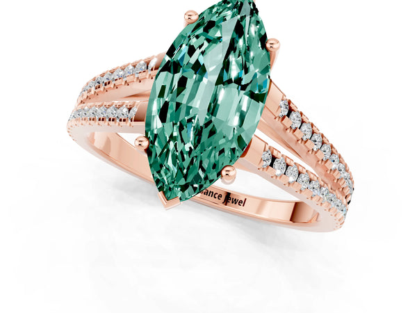Rose gold Marquise Cut Green Sapphire Solitaire Engagement Ring with Split Shank Pavé Band