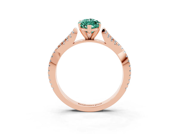 Rose gold Marquise Cut Green Sapphire Solitaire Engagement Ring with Twisted Pavé Band and Four-Prong Setting