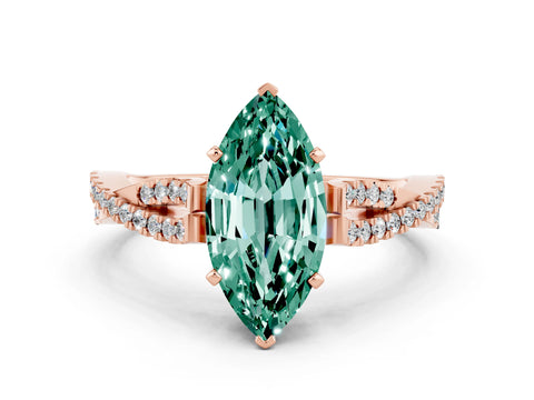 Rose gold Marquise Cut Green Sapphire Solitaire Engagement Ring with Twisted Pavé Band and Four-Prong Setting