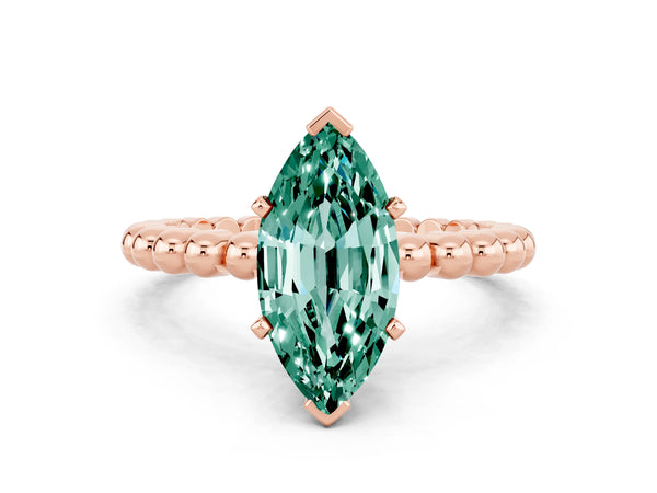 Rose gold Marquise Cut Green Sapphire Solitaire Ring with Beaded Band and Prong Setting