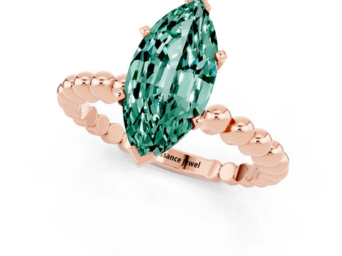 Rose gold Marquise Cut Green Sapphire Solitaire Ring with Beaded Band and Prong Setting_1