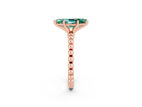 Rose gold Marquise Cut Green Sapphire Solitaire Ring with Beaded Band and Prong Setting