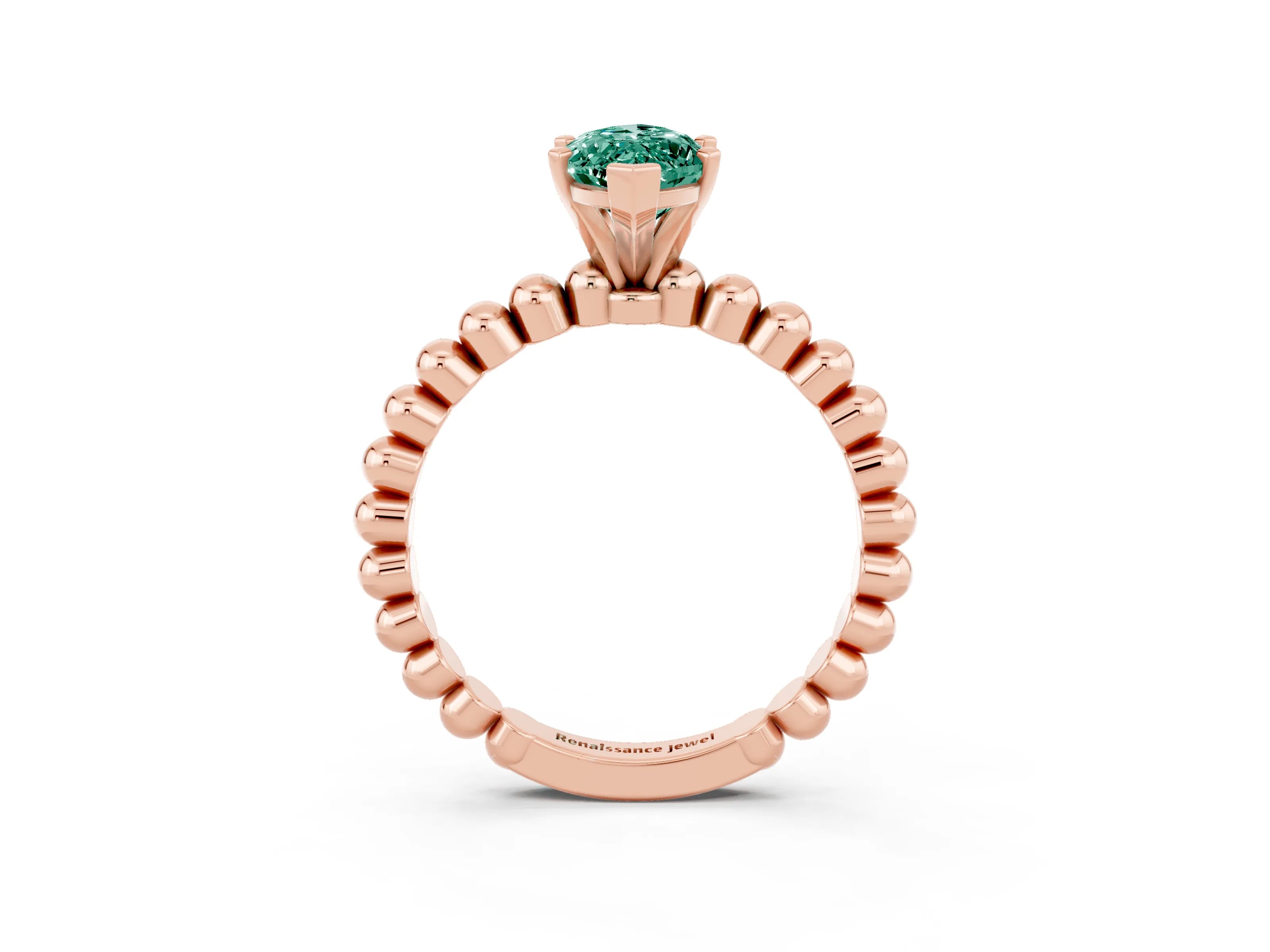 Rose gold Marquise Cut Green Sapphire Solitaire Ring with Beaded Band and Prong Setting_3