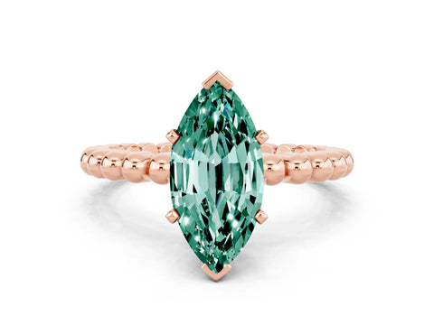 Rose gold Marquise Cut Green Sapphire Solitaire Ring with Beaded Band and Prong Setting