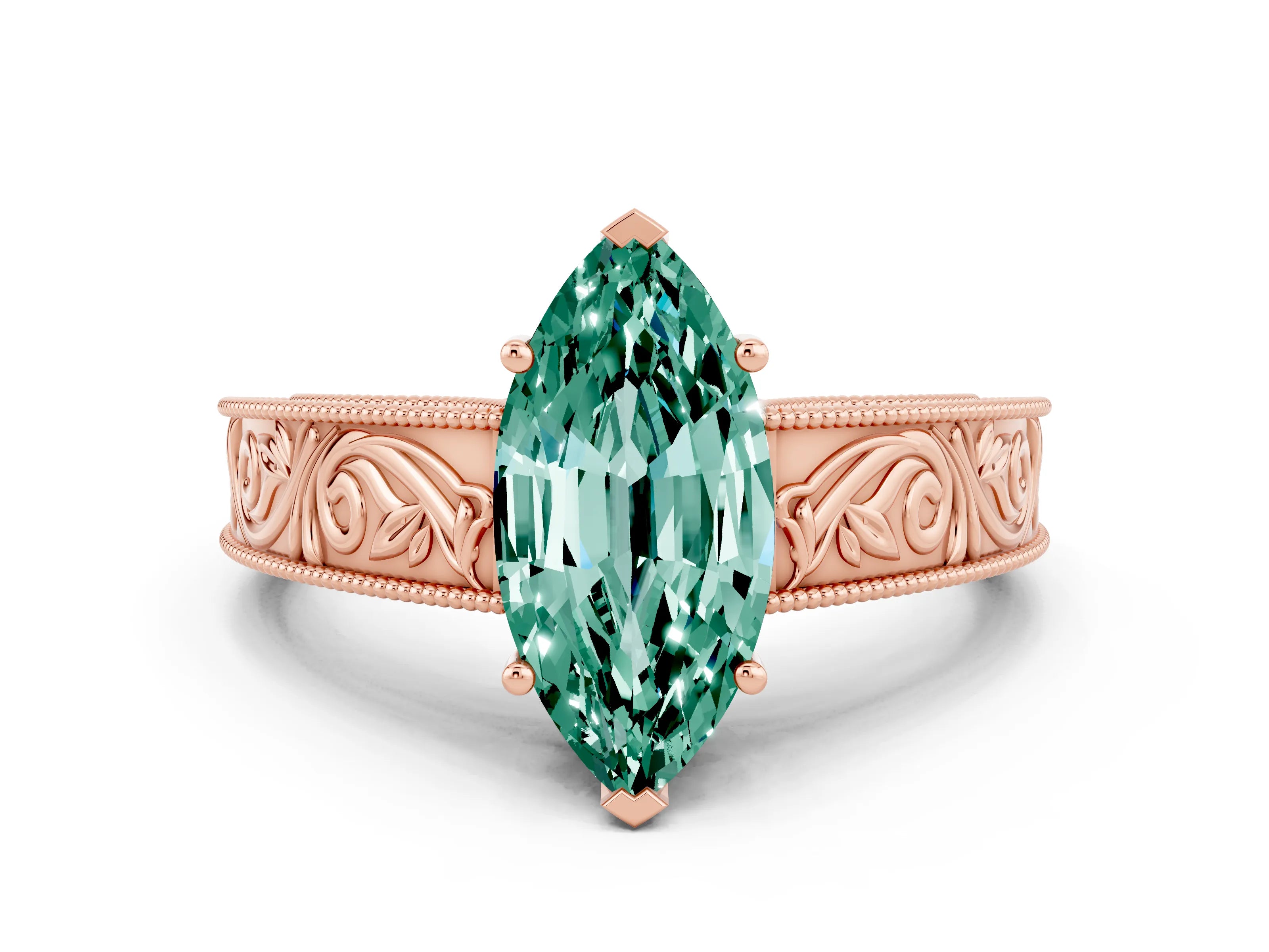 Rose gold Marquise Cut Green Sapphire Solitaire Ring with Engraved Band and Four-Prong Setting