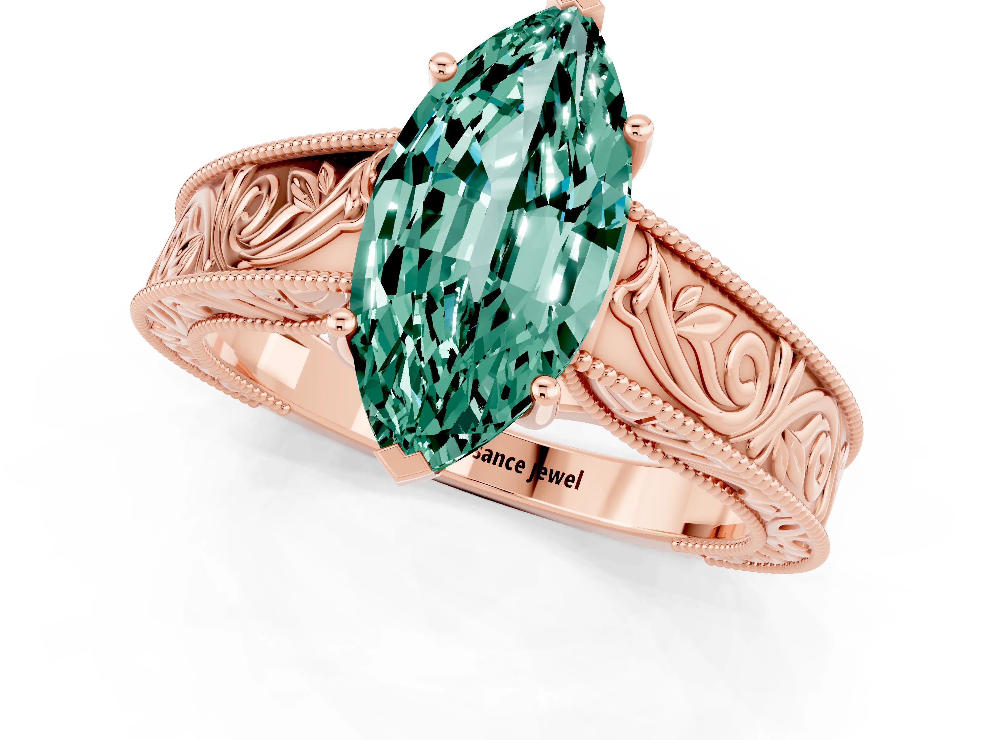 Rose gold Marquise Cut Green Sapphire Solitaire Ring with Engraved Band and Four-Prong Setting_1