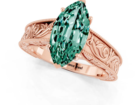 Rose gold Marquise Cut Green Sapphire Solitaire Ring with Engraved Band and Four-Prong Setting_1