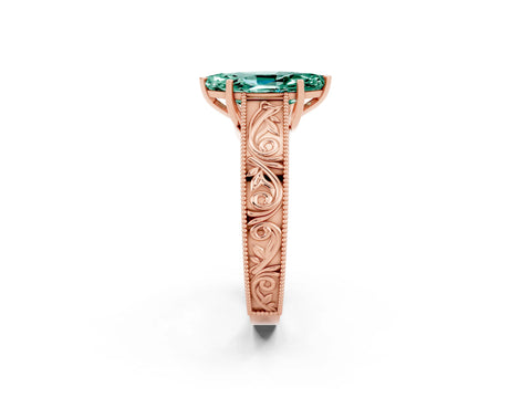 Rose gold Marquise Cut Green Sapphire Solitaire Ring with Engraved Band and Four-Prong Setting_2