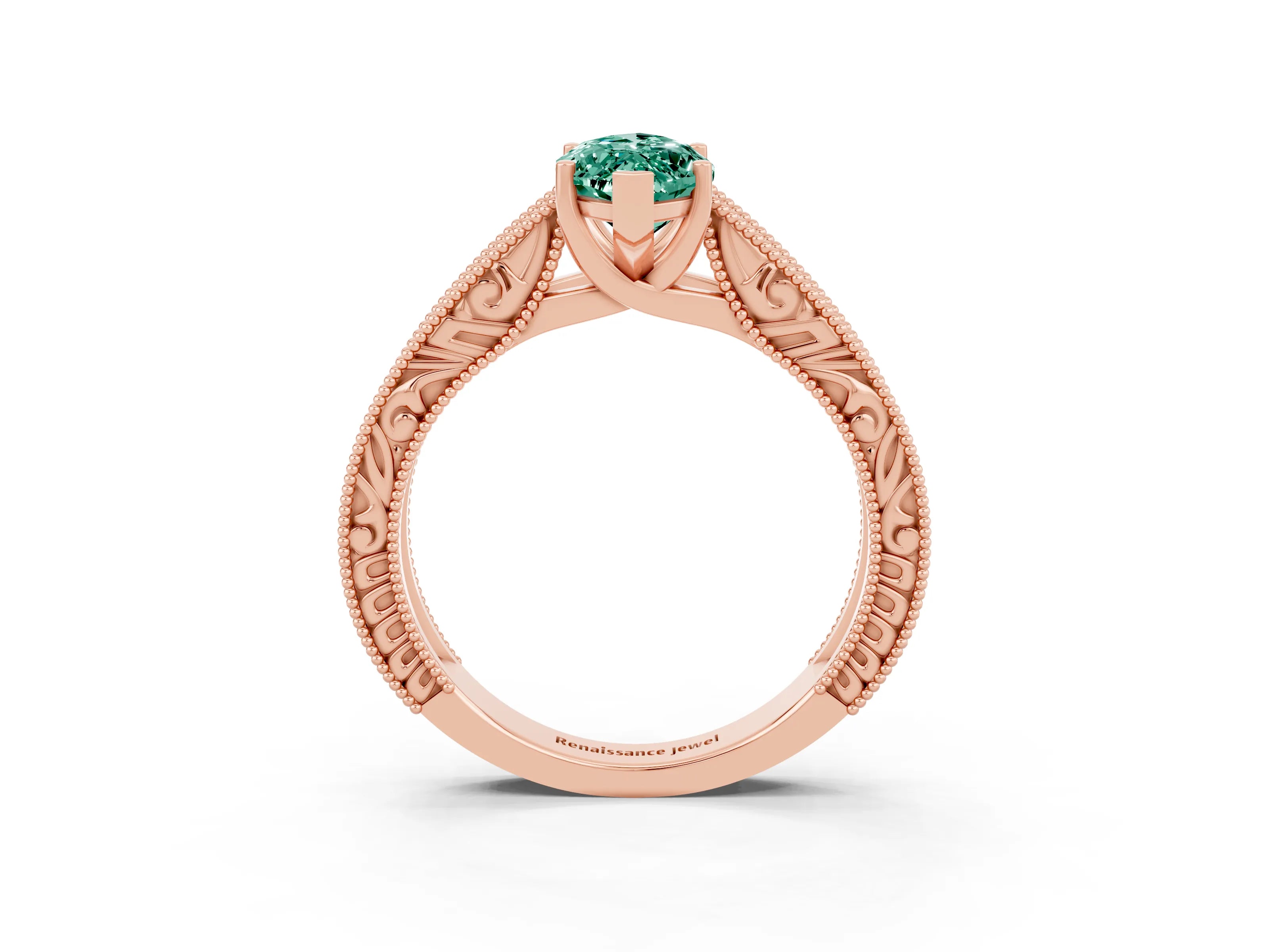 Rose gold Marquise Cut Green Sapphire Solitaire Ring with Engraved Band and Four-Prong Setting_3