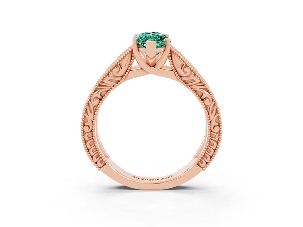 Rose gold Marquise Cut Green Sapphire Solitaire Ring with Engraved Band and Four-Prong Setting