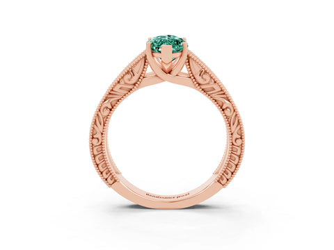 Rose gold Marquise Cut Green Sapphire Solitaire Ring with Engraved Band and Four-Prong Setting_3