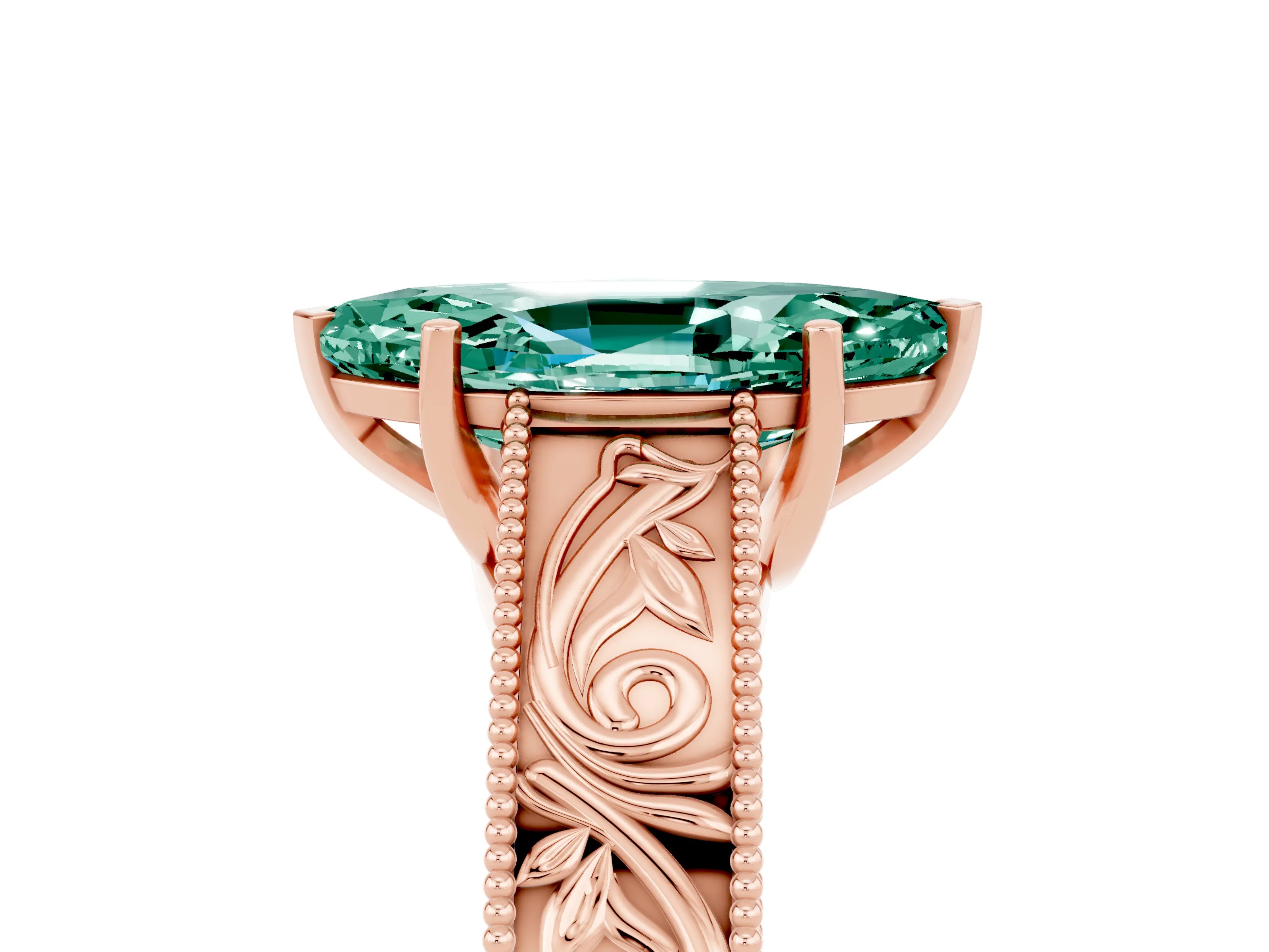 Rose gold Marquise Cut Green Sapphire Solitaire Ring with Engraved Band and Four-Prong Setting_5