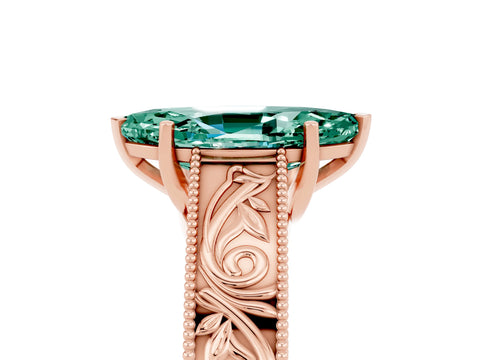 Rose gold Marquise Cut Green Sapphire Solitaire Ring with Engraved Band and Four-Prong Setting_5