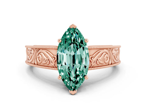 Rose gold Marquise Cut Green Sapphire Solitaire Ring with Engraved Band and Four-Prong Setting