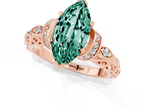 Rose gold Marquise Cut Green Sapphire Solitaire Ring with Filigree Band and Four-Prong Setting