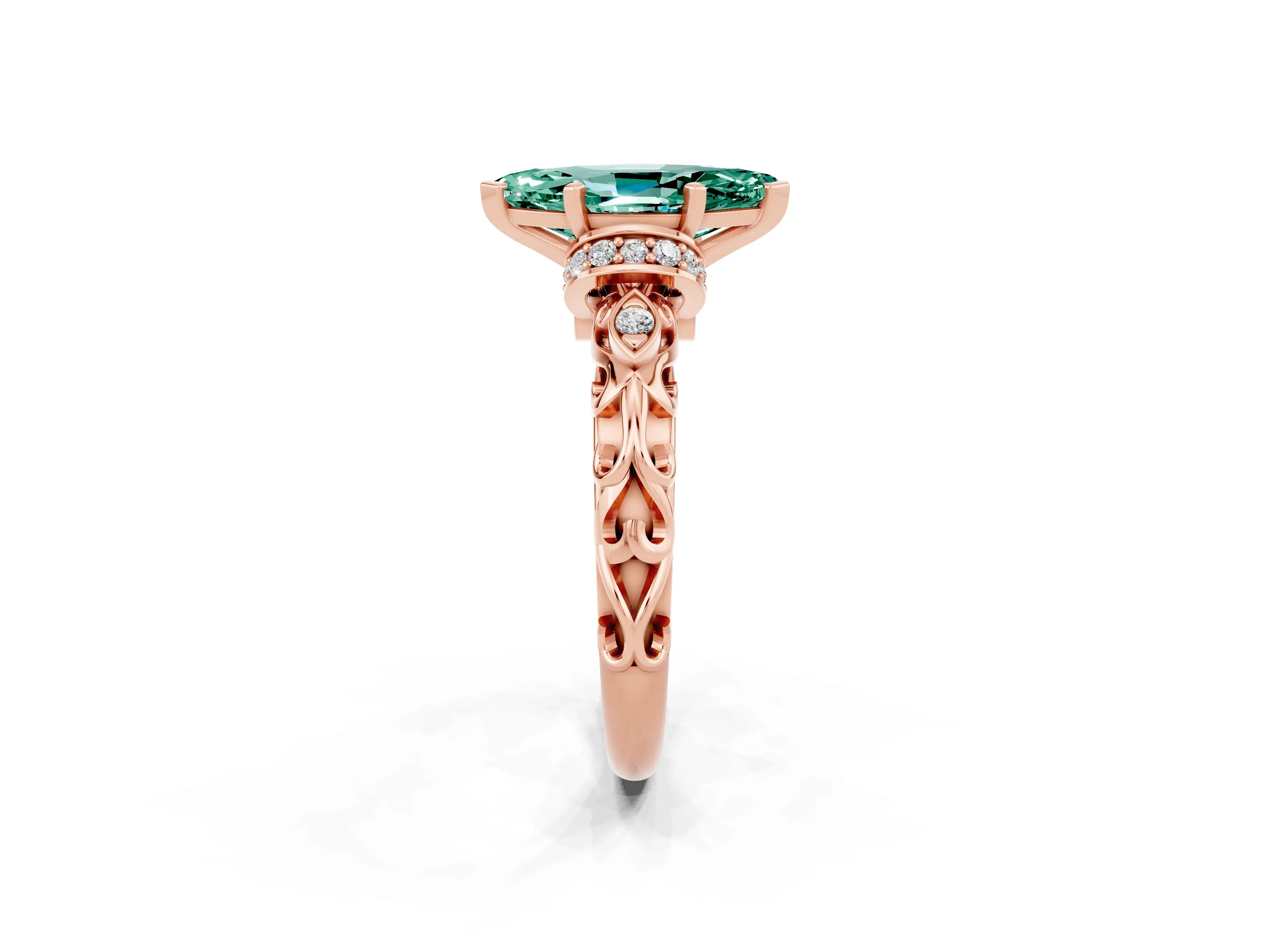 Rose gold Marquise Cut Green Sapphire Solitaire Ring with Filigree Band and Four-Prong Setting_25