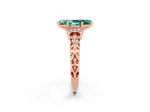 Rose gold Marquise Cut Green Sapphire Solitaire Ring with Filigree Band and Four-Prong Setting_25