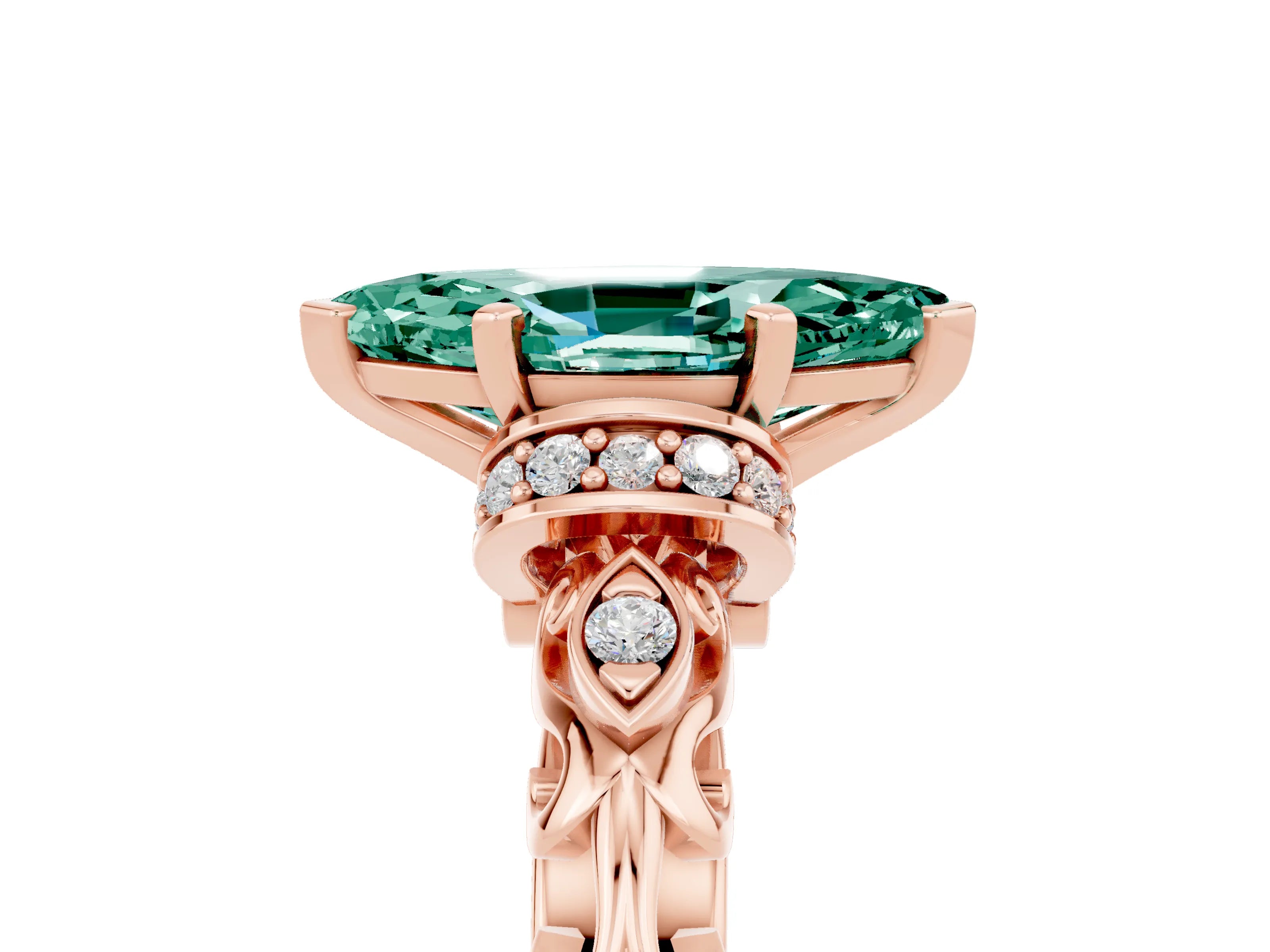 Rose gold Marquise Cut Green Sapphire Solitaire Ring with Filigree Band and Four-Prong Setting_26