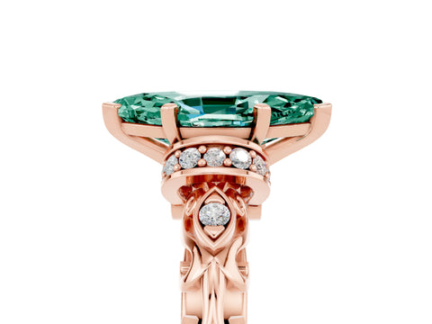 Rose gold Marquise Cut Green Sapphire Solitaire Ring with Filigree Band and Four-Prong Setting_26