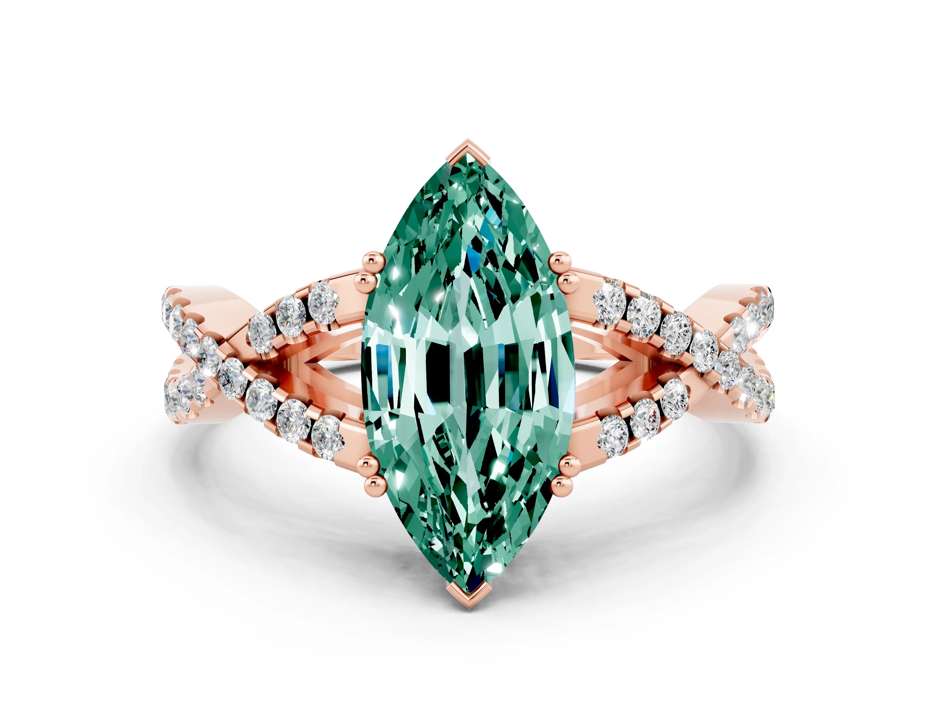 Rose gold Marquise Cut Green Sapphire Solitaire Ring with Four-Prong Setting and Twisted Pavé Band