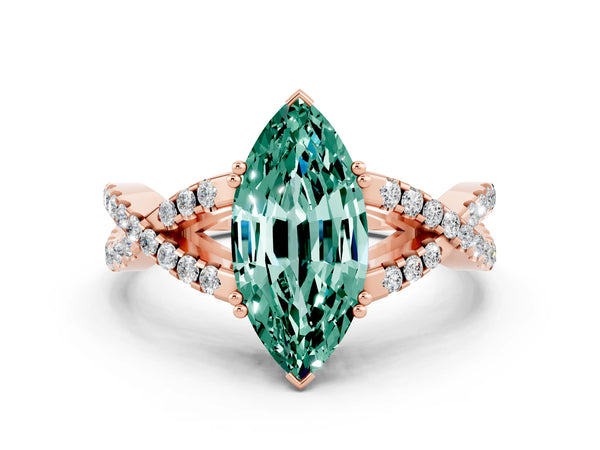 Rose gold Marquise Cut Green Sapphire Solitaire Ring with Four-Prong Setting and Twisted Pavé Band