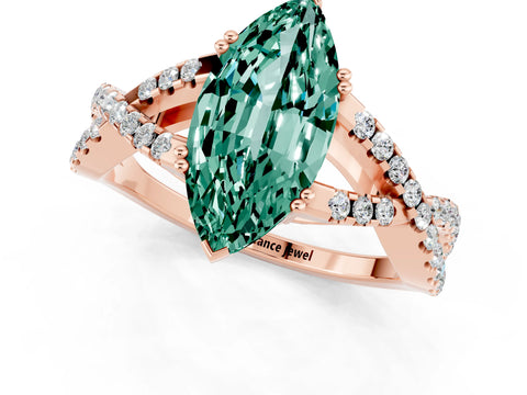 Rose gold Marquise Cut Green Sapphire Solitaire Ring with Four-Prong Setting and Twisted Pavé Band_1
