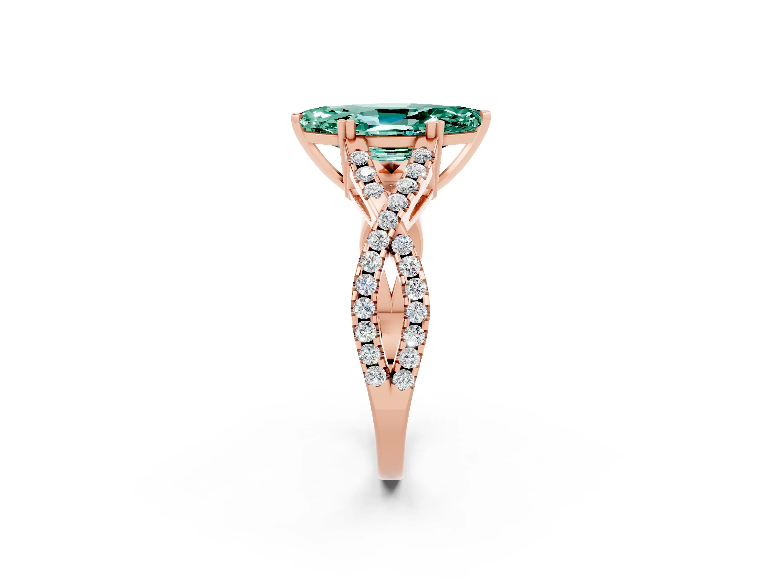 Rose gold Marquise Cut Green Sapphire Solitaire Ring with Four-Prong Setting and Twisted Pavé Band_2