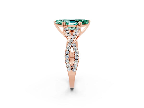 Rose gold Marquise Cut Green Sapphire Solitaire Ring with Four-Prong Setting and Twisted Pavé Band