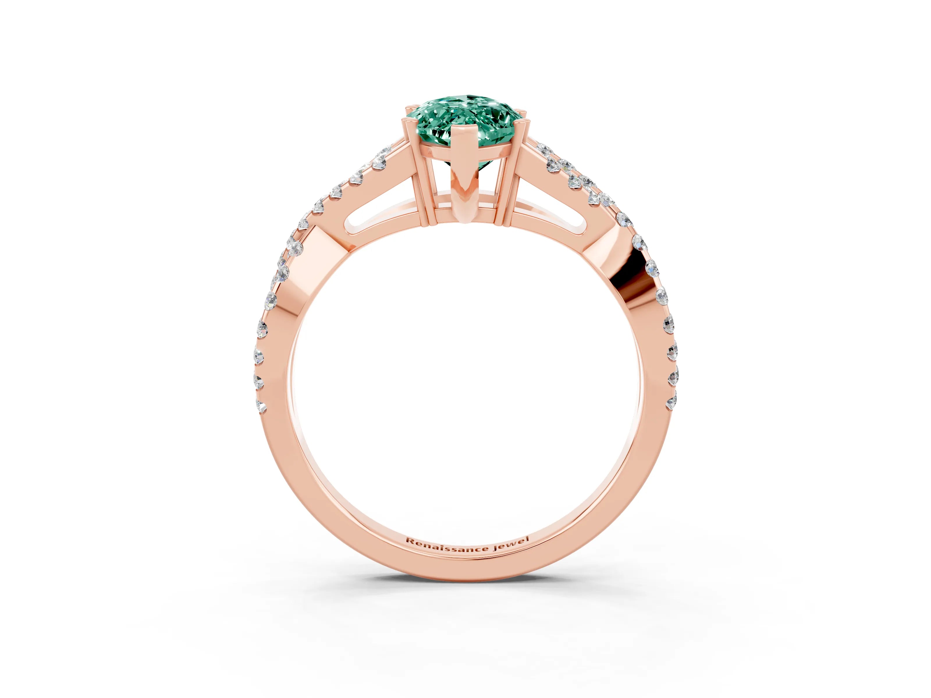 Rose gold Marquise Cut Green Sapphire Solitaire Ring with Four-Prong Setting and Twisted Pavé Band_3