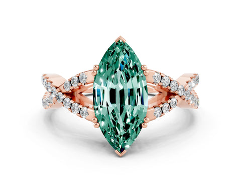 Rose gold Marquise Cut Green Sapphire Solitaire Ring with Four-Prong Setting and Twisted Pavé Band