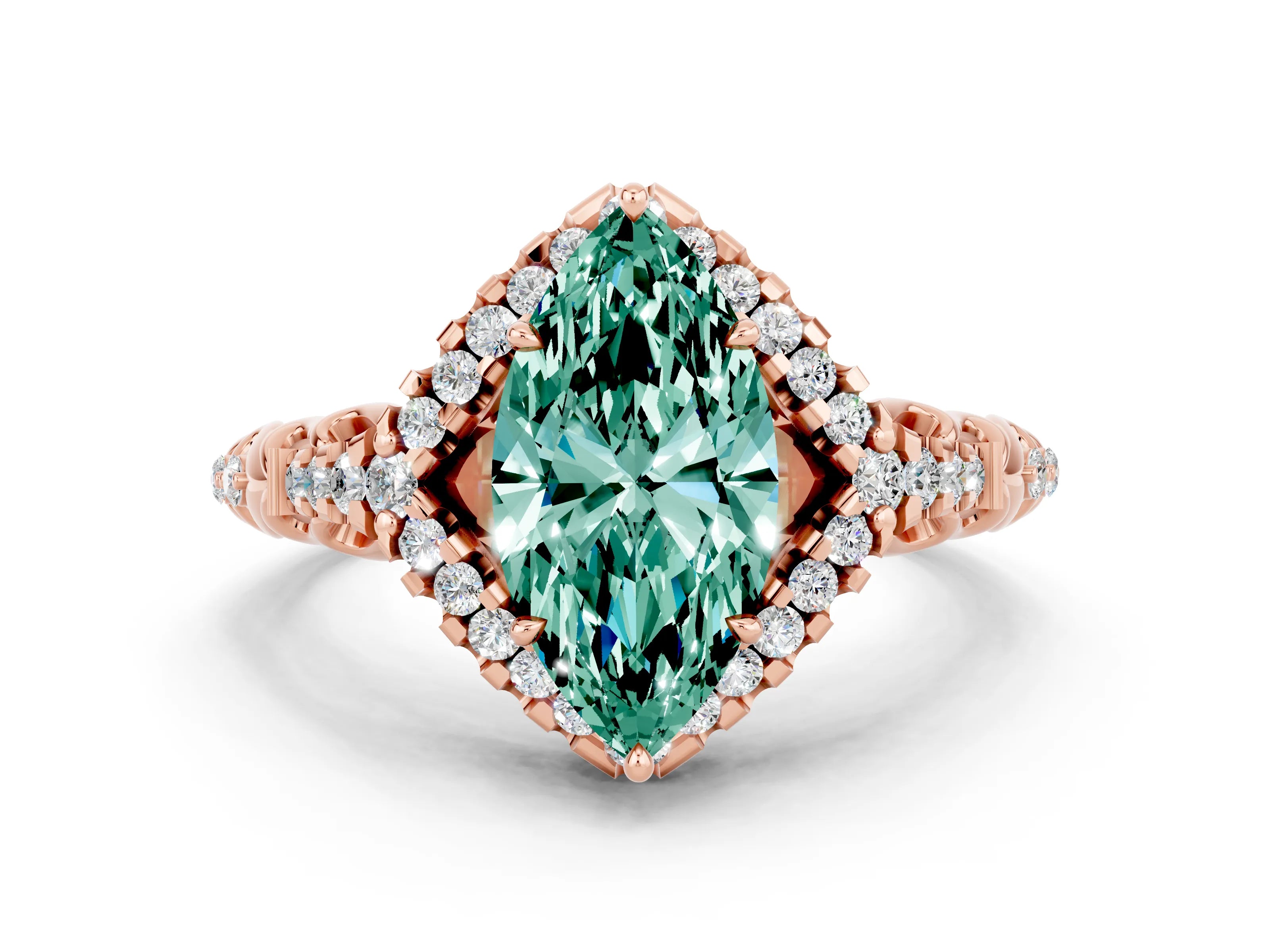Rose gold Marquise Cut Green Sapphire Solitaire Ring with Hidden Halo and Pavé Band_12