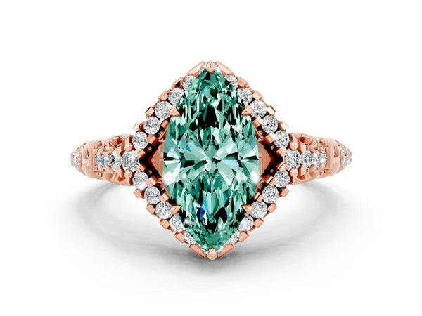 Rose gold Marquise Cut Green Sapphire Solitaire Ring with Hidden Halo and Pavé Band