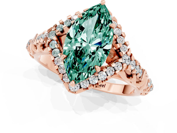Rose gold Marquise Cut Green Sapphire Solitaire Ring with Hidden Halo and Pavé Band