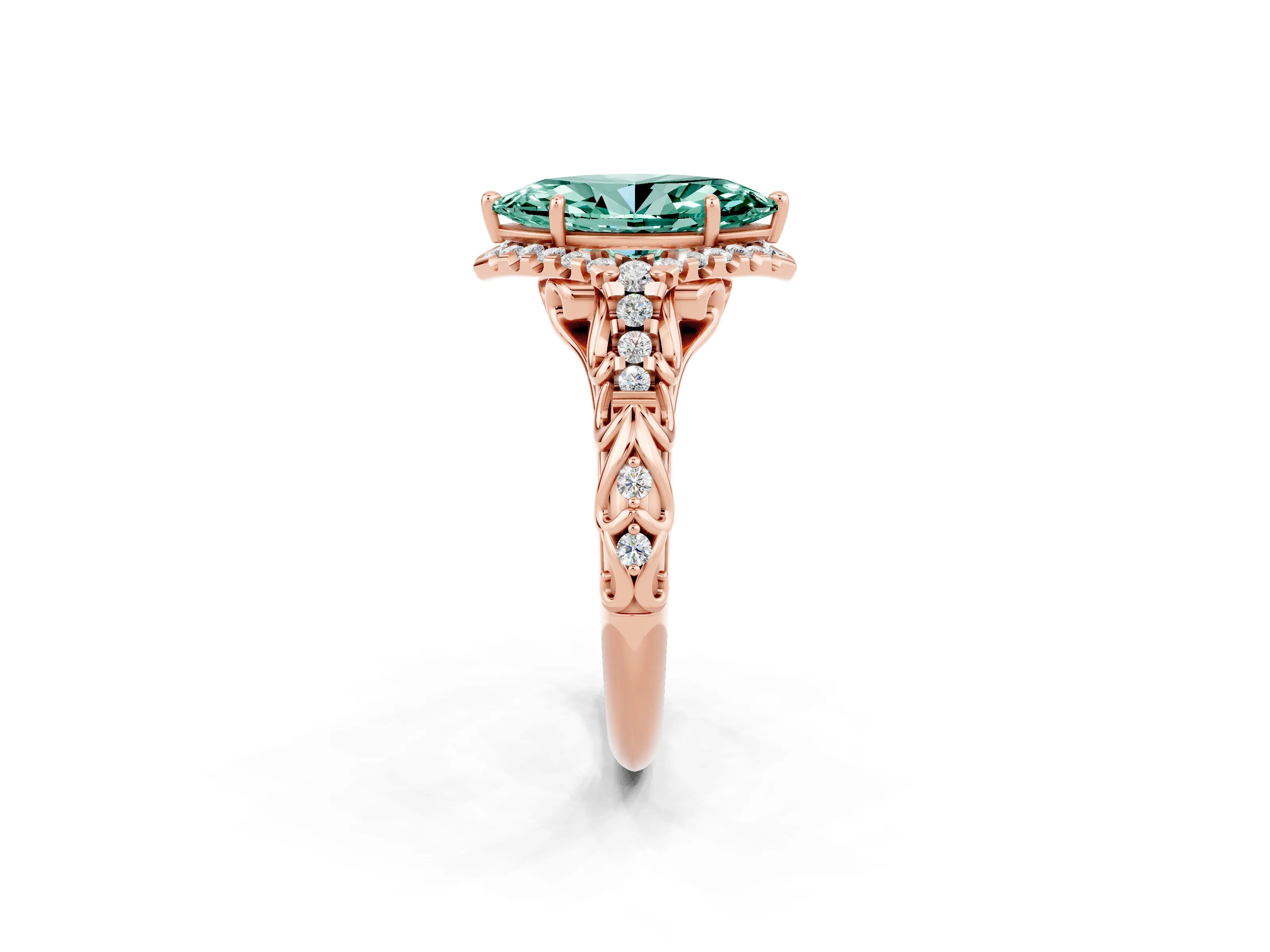 Rose gold Marquise Cut Green Sapphire Solitaire Ring with Hidden Halo and Pavé Band_14