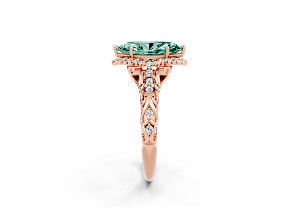 Rose gold Marquise Cut Green Sapphire Solitaire Ring with Hidden Halo and Pavé Band