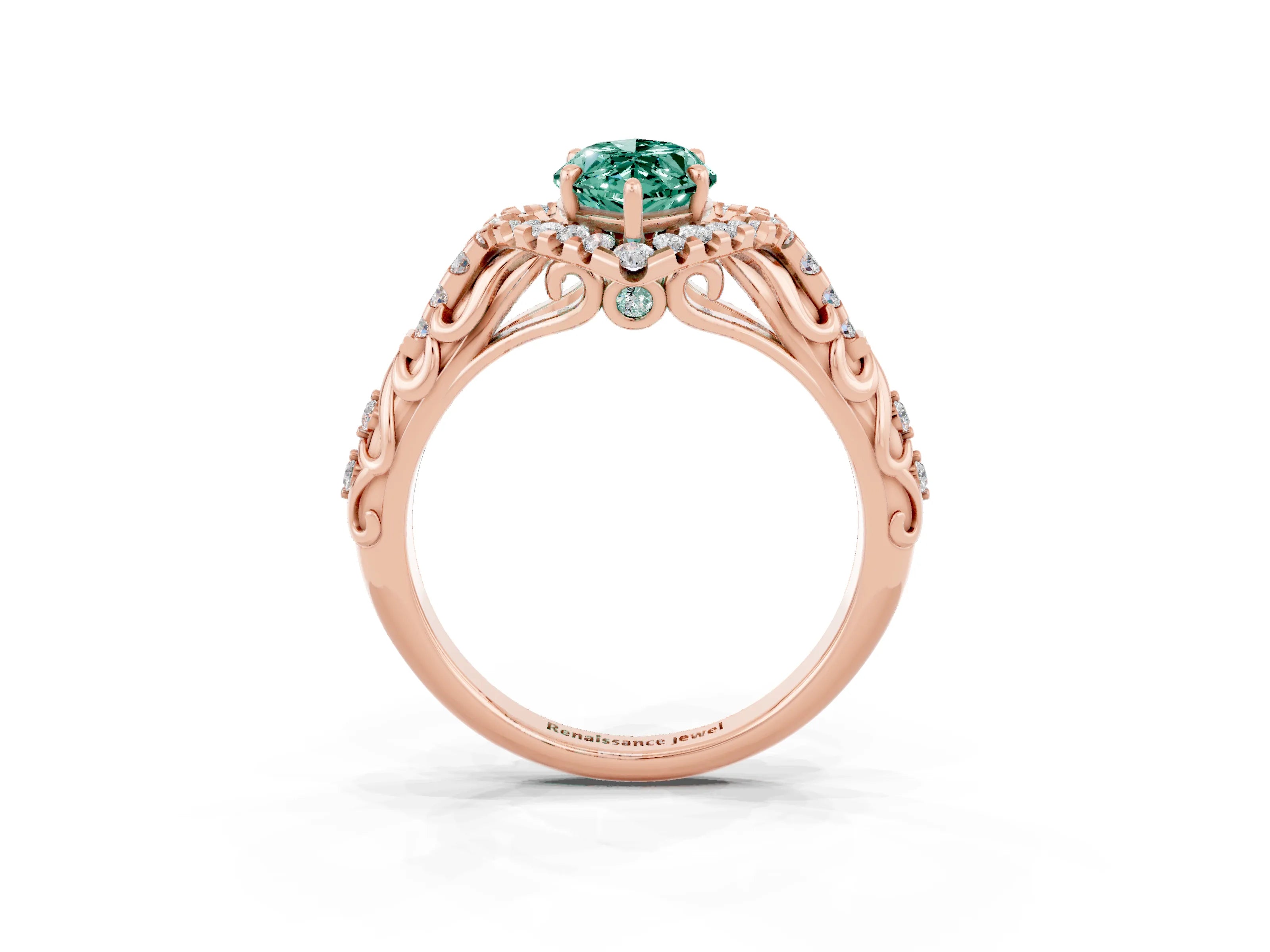 Rose gold Marquise Cut Green Sapphire Solitaire Ring with Hidden Halo and Pavé Band_15