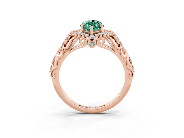 Rose gold Marquise Cut Green Sapphire Solitaire Ring with Hidden Halo and Pavé Band